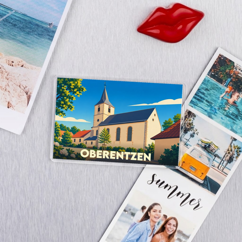 Magnet souvenir de la ville de Oberentzen avec une illustration stylisée de son église.