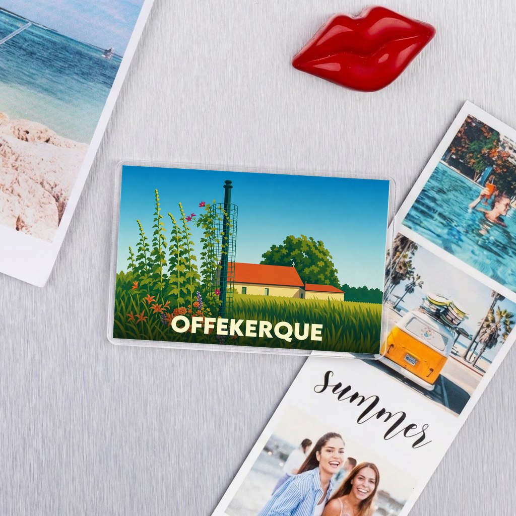 Magnet souvenir de la ville de Offekerque avec une illustration stylisée et colorée d'un paysage champêtre.