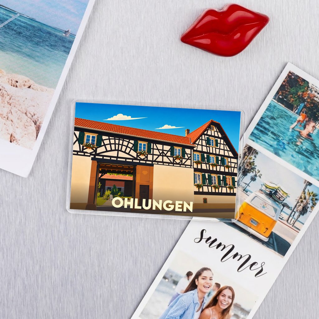 Magnet souvenir de la ville de Ohlungen avec une illustration stylisée d'une maison à colombages.