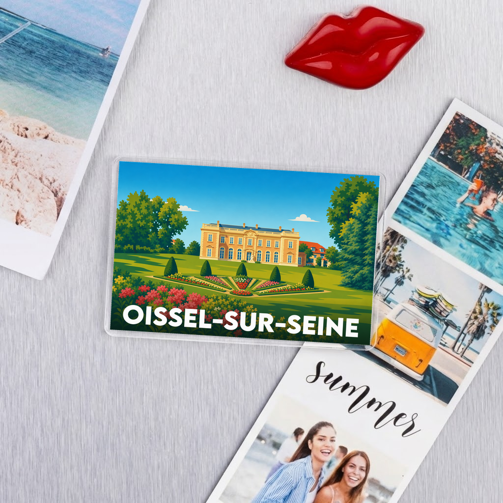 Magnet souvenir de la ville d'Oissel-sur-Seine avec une illustration stylisée de son château et de ses jardins.