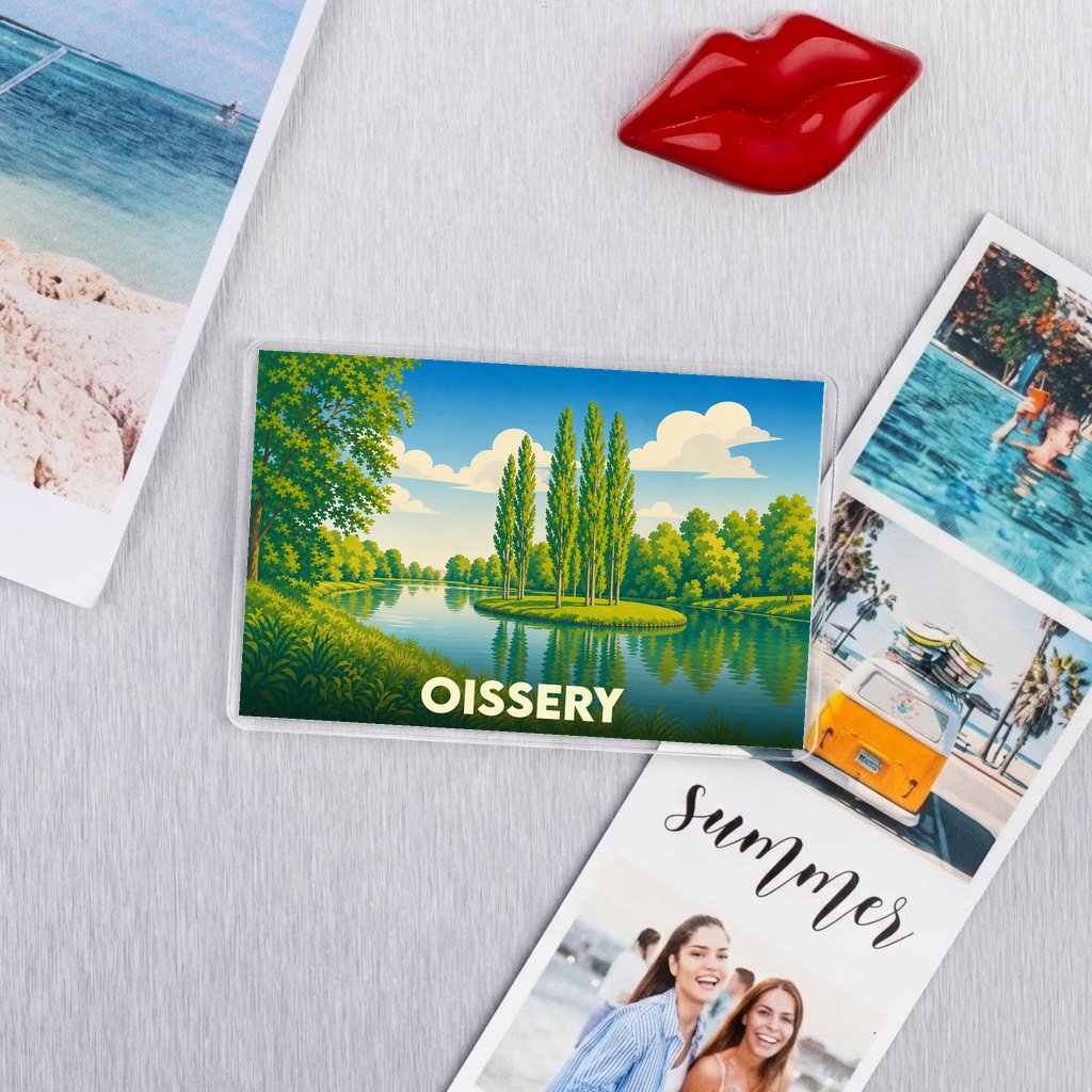 Magnet souvenir de la ville de Oissery avec une illustration stylisée d'un paysage de rivière.