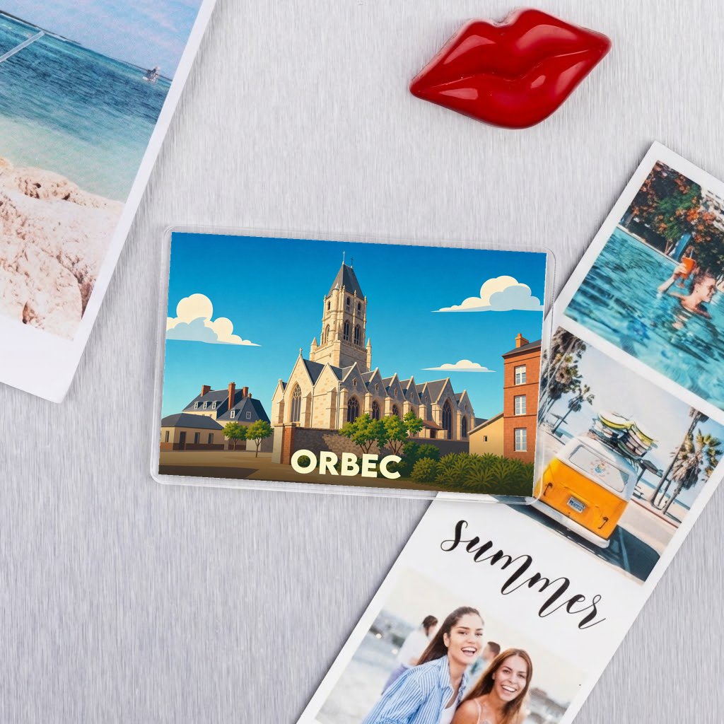 Magnet souvenir de la ville de Orbec avec une illustration stylisée de son église.