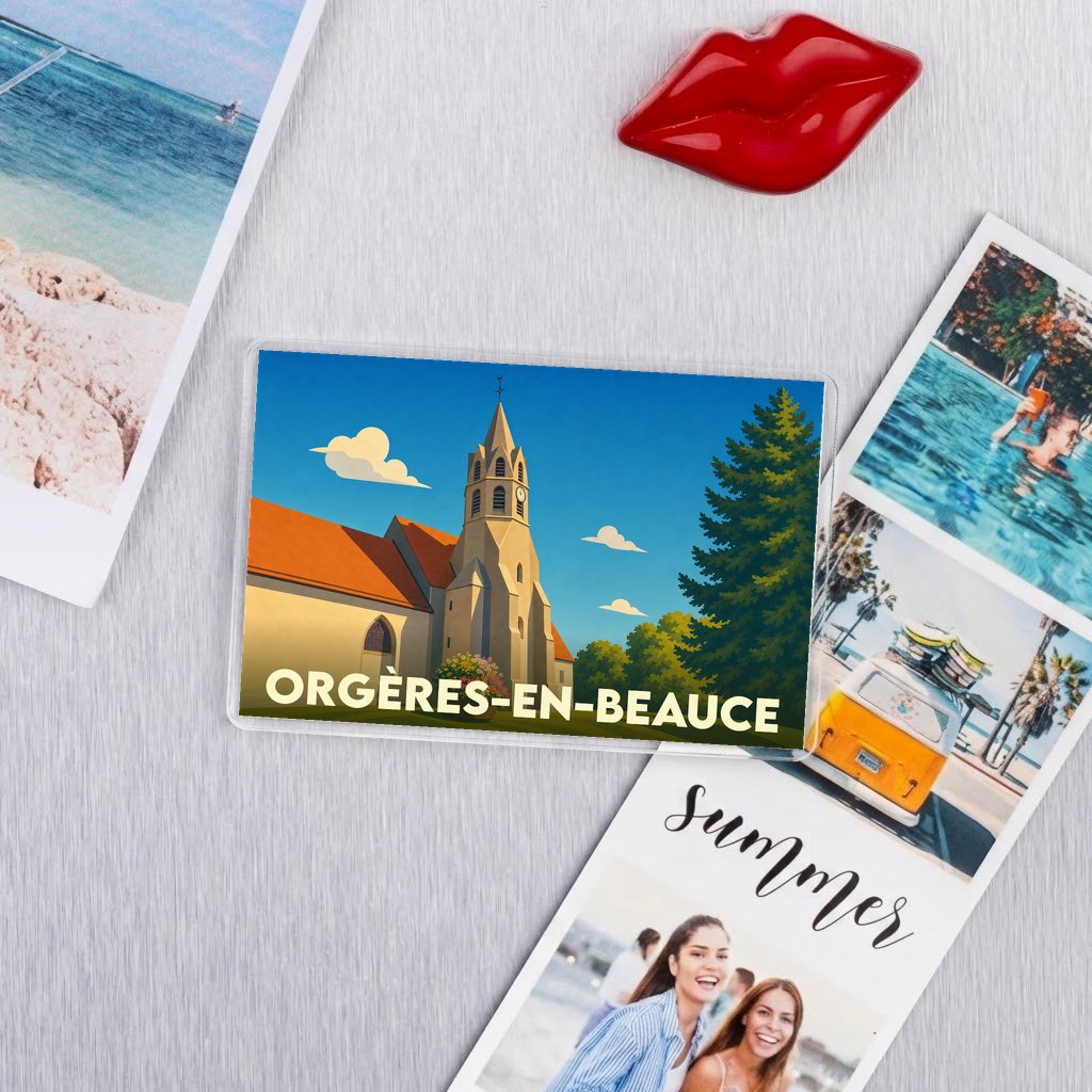Magnet souvenir de la ville de Orgères-en-Beauce avec une illustration stylisée de son église.