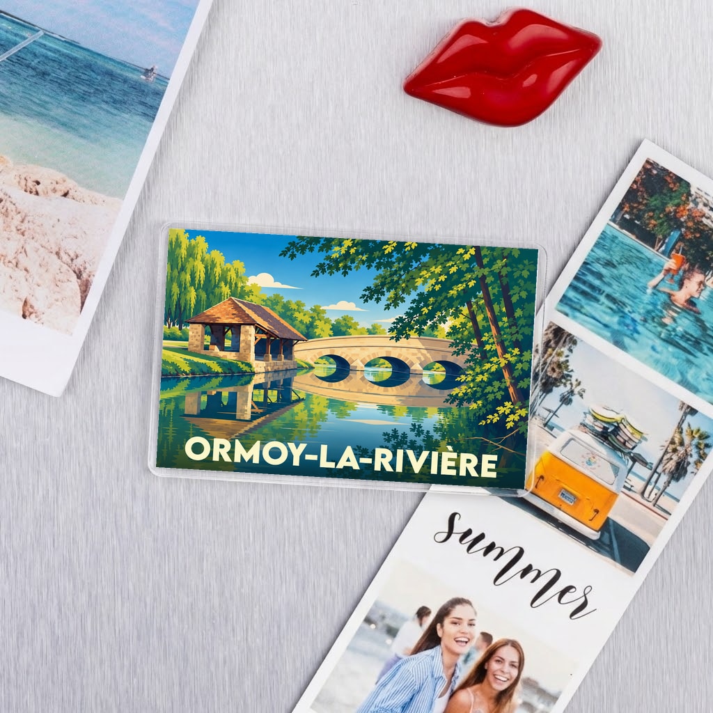 Magnet souvenir de la ville de Ormoy-la-Rivière avec une illustration stylisée d'un pont et d'un lavoir.