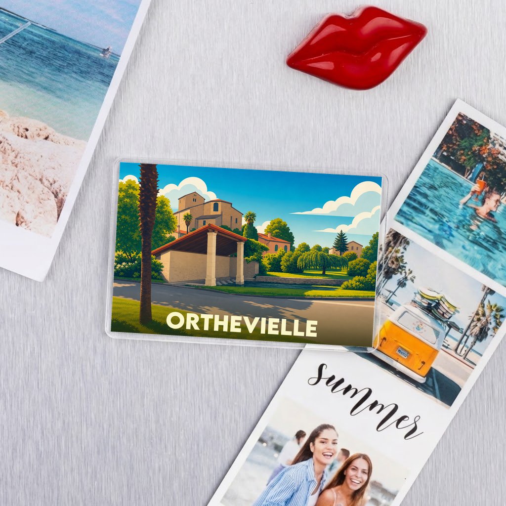 Magnet souvenir de la ville d'Orthevielle avec une illustration stylisée.