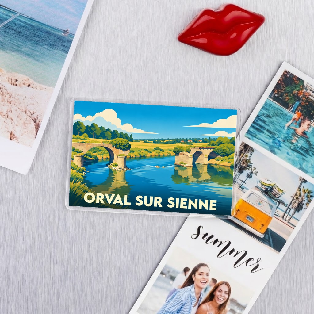 Magnet souvenir de la ville de Orval sur Sienne avec une illustration stylisée d'un pont de pierre.