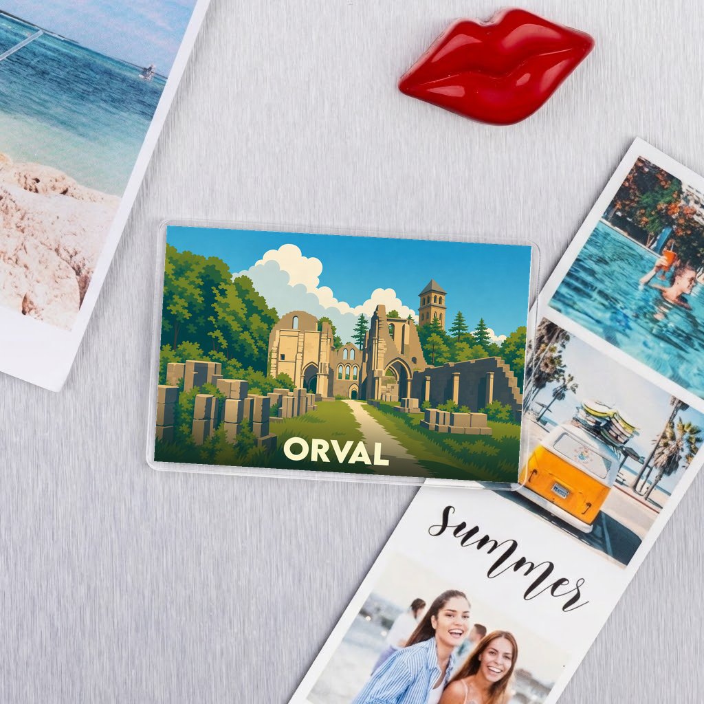 Magnet souvenir de la ville de Orval avec une illustration stylisée de son abbaye en ruines.