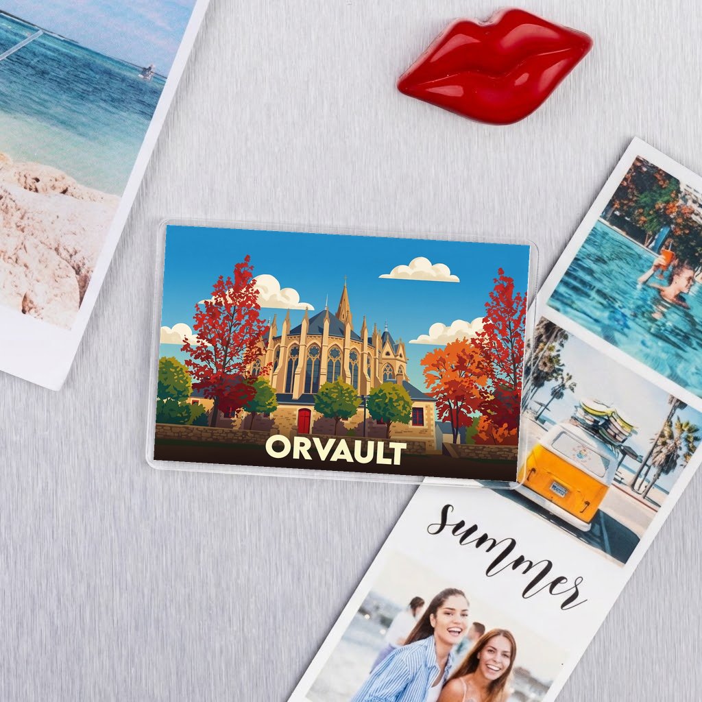 Magnet souvenir de la ville d'Orvault avec une illustration stylisée.