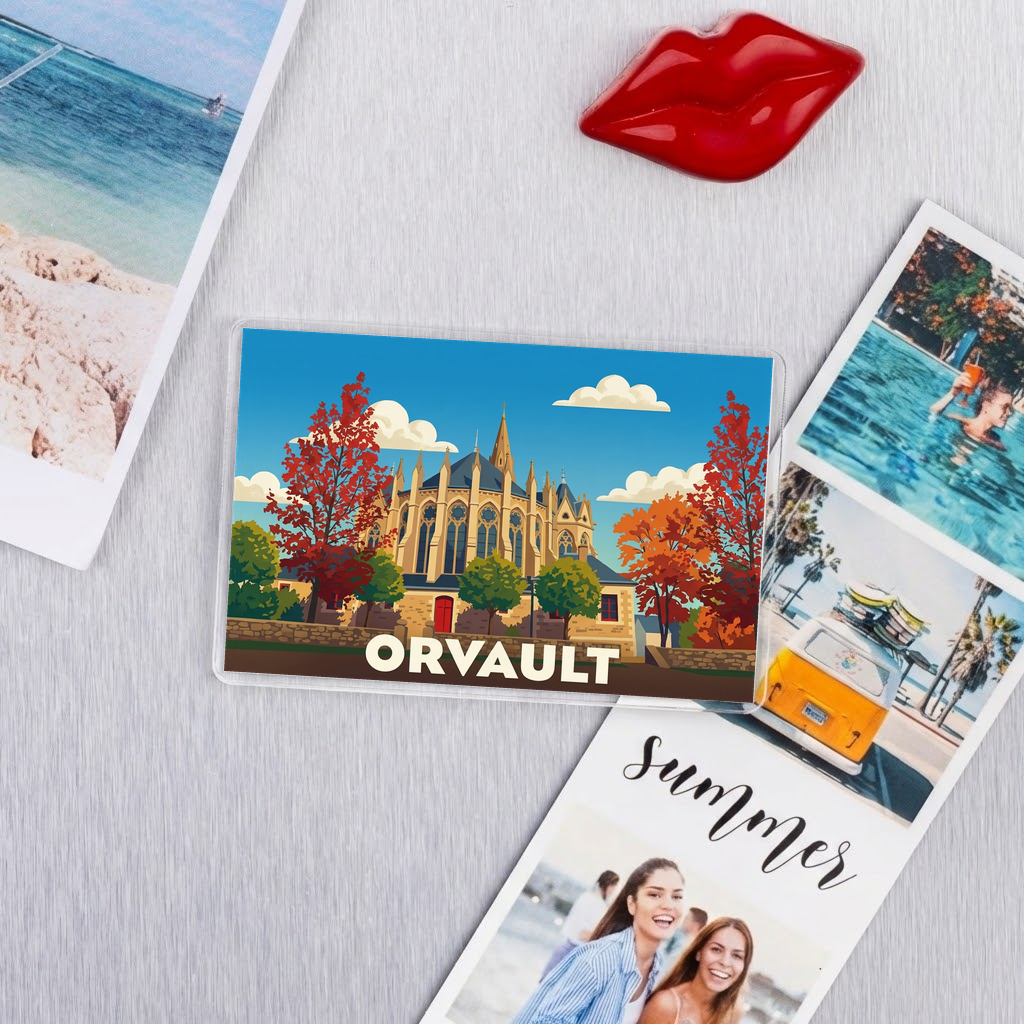 Magnet souvenir de la ville d'Orvault avec une illustration stylisée.