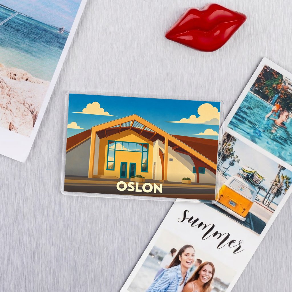 Magnet souvenir de la ville d'Oslon avec une illustration stylisée d'un bâtiment moderne.
