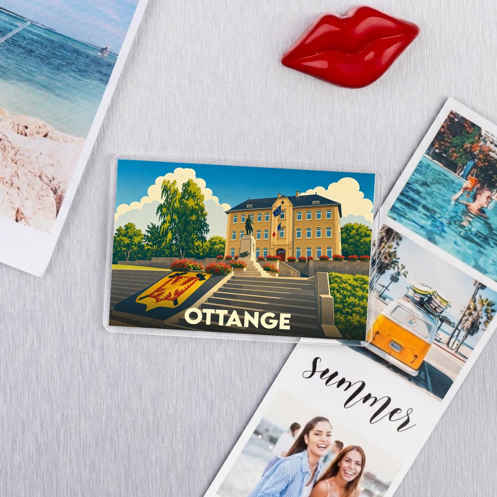 Magnet souvenir de la ville d'Ottange avec une illustration stylisée de son hôtel de ville.