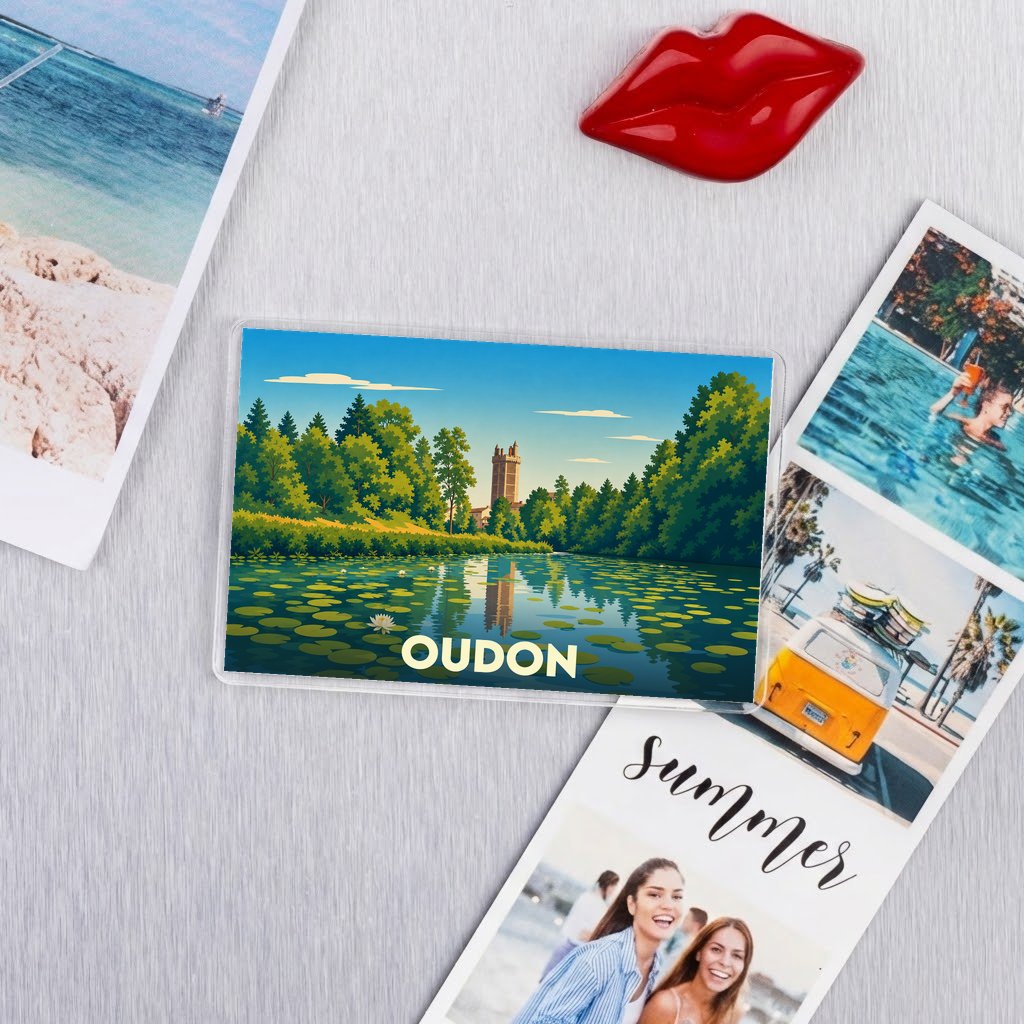 Magnet souvenir de la ville d'Oudon avec une illustration stylisée de son château et de la Loire.