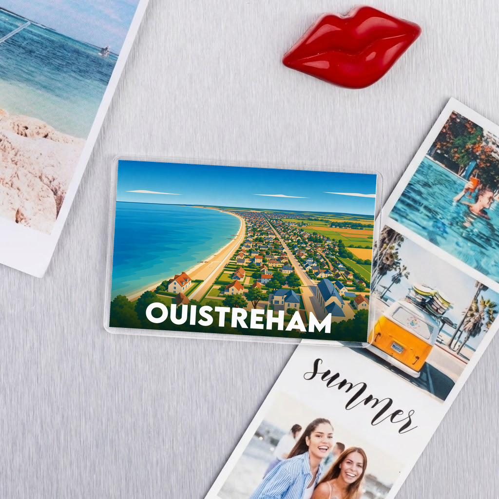 Magnet rectangulaire souvenir de la ville de Ouistreham avec une illustration panoramique du bord de mer.
