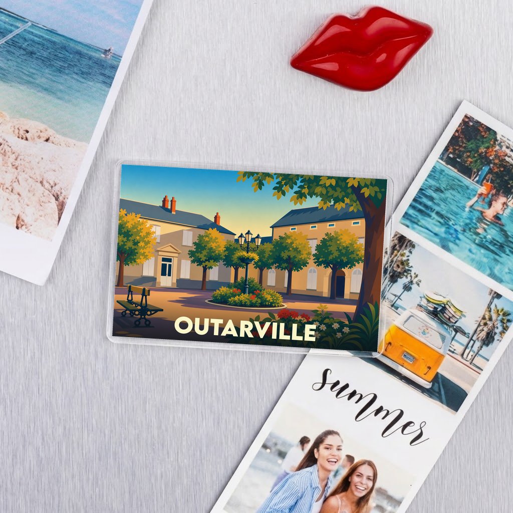 Magnet souvenir de la ville d'Outarville avec une illustration stylisée d'une place arborée.