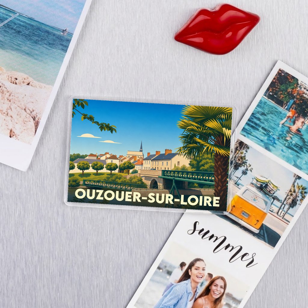 Magnet souvenir de la ville d'Ouzouer-sur-Loire avec une illustration stylisée.
