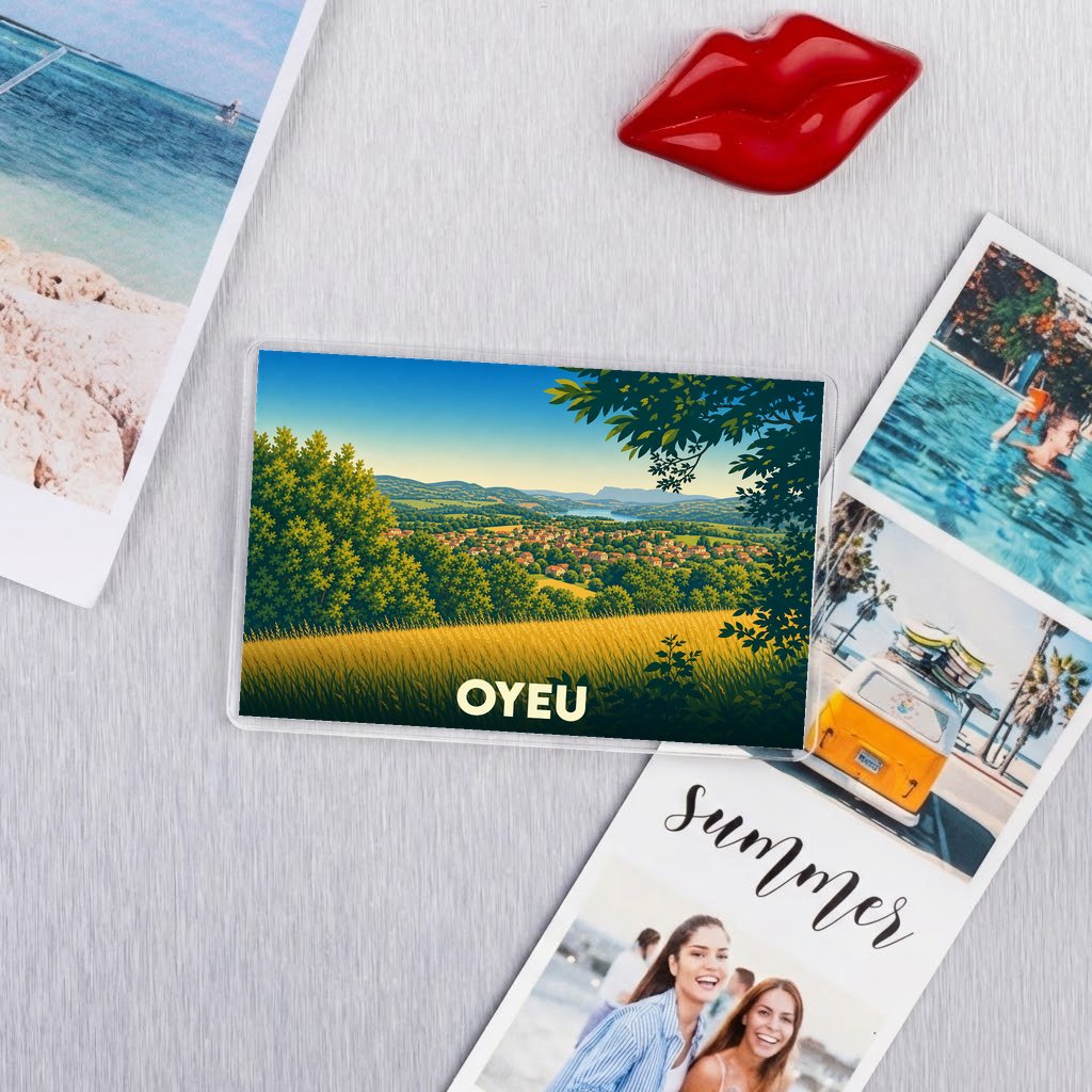 Magnet souvenir de la ville d'Oyeu avec une illustration de paysage champêtre.
