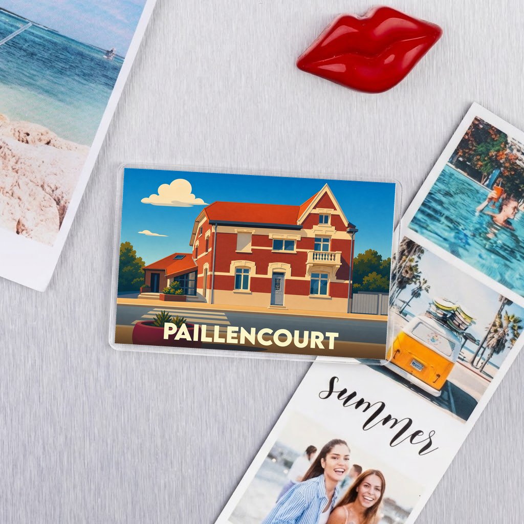 Magnet souvenir de la ville de Paillencourt avec une illustration stylisée d'une maison traditionnelle.