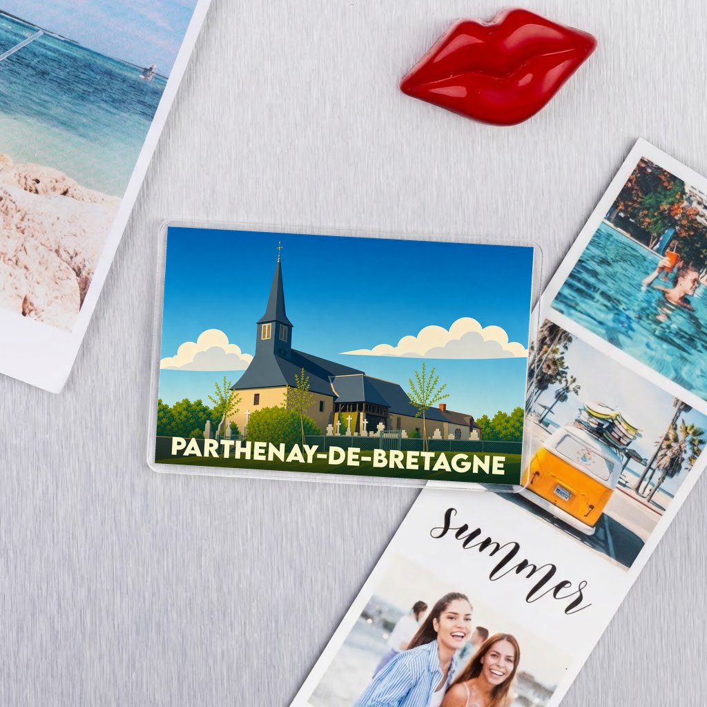 Magnet souvenir de la ville de Parthenay-de-Bretagne avec une illustration stylisée de son église.