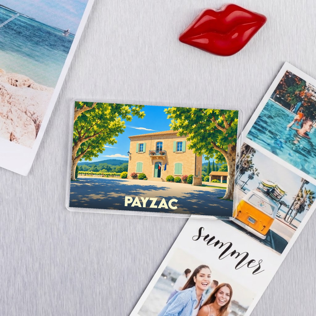 Magnet souvenir de la ville de Payzac avec une illustration stylisée d'un bâtiment typique.