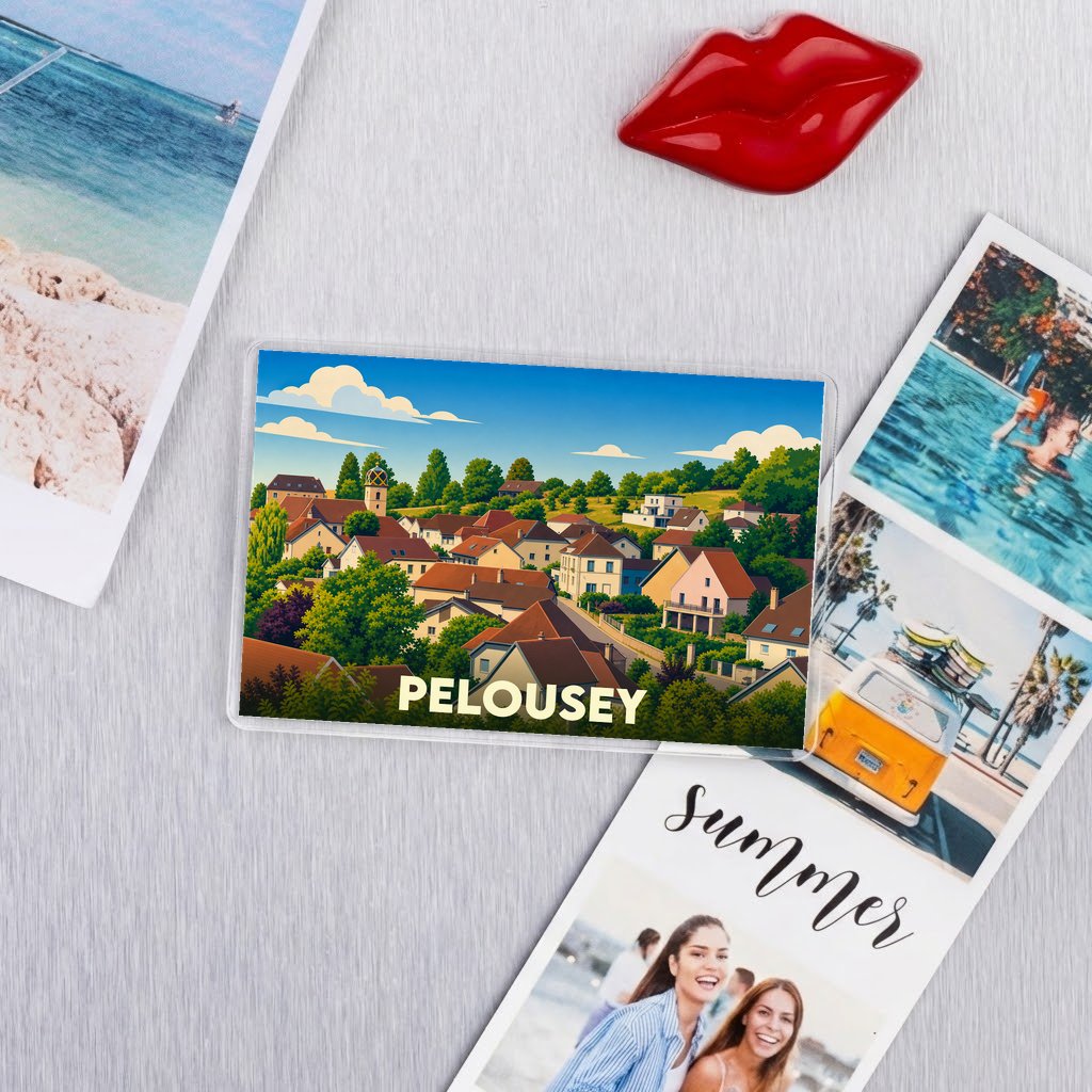 Magnet souvenir de la ville de Pelousey avec une illustration de ses habitations.