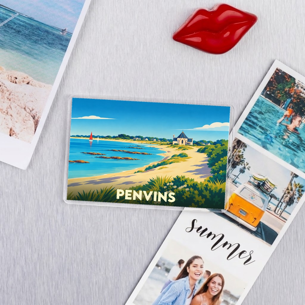 Magnet souvenir de la ville de Penvins avec une illustration stylisée d'un paysage côtier.