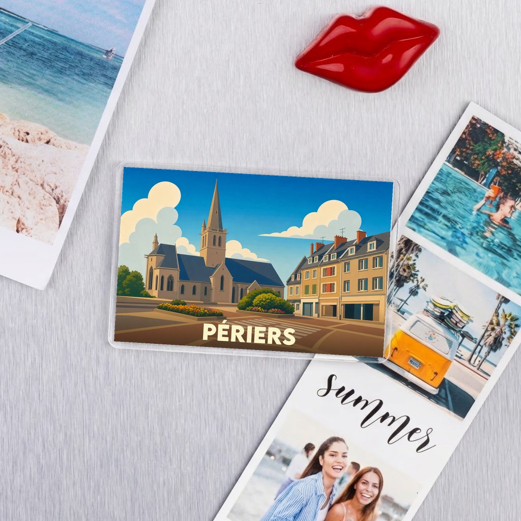 Magnet rectangulaire souvenir de la ville de Périers avec une illustration stylisée de son église et de ses façades.