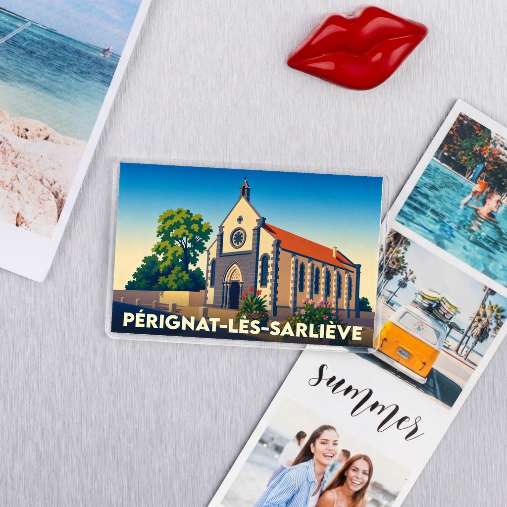 Magnet souvenir de la ville de Pérignat-lès-Sarliève avec une illustration stylisée de son église.