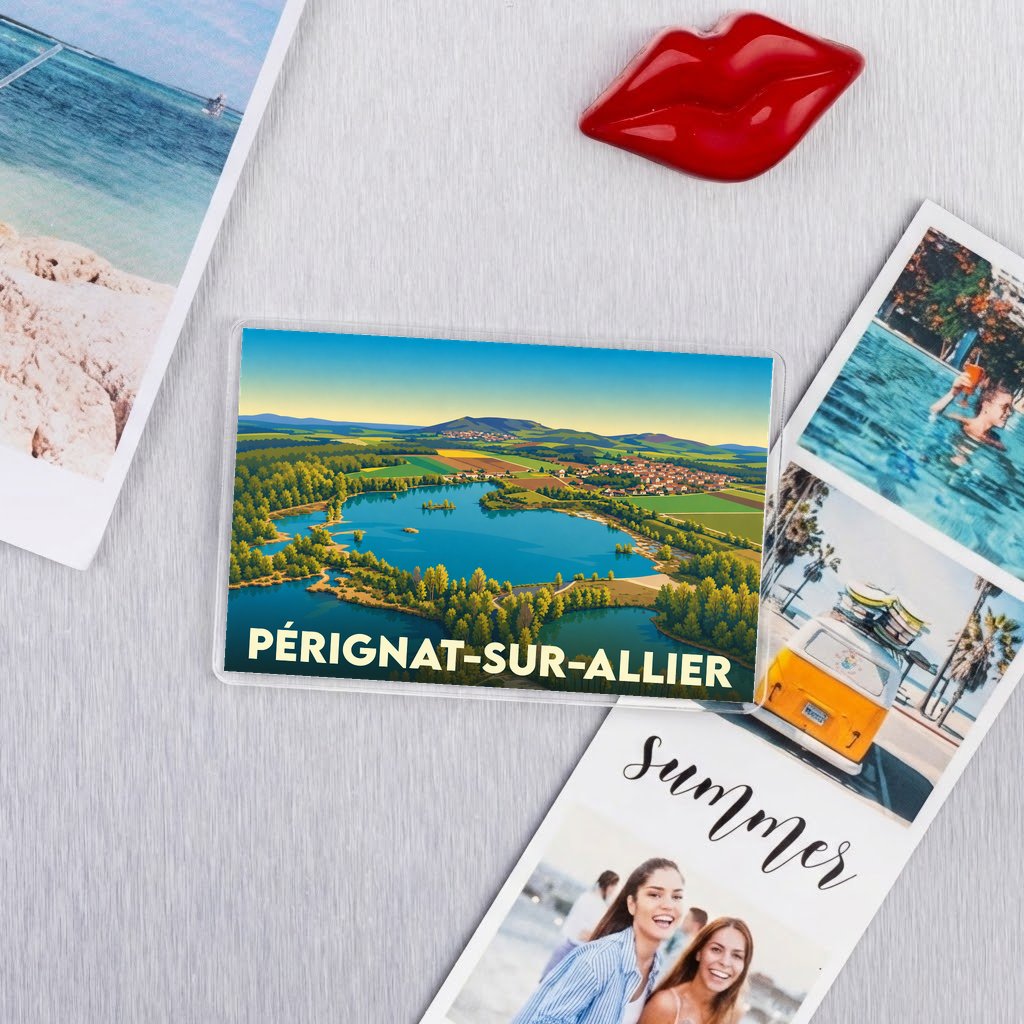 Magnet souvenir de la ville de Pérignat-sur-Allier avec une illustration stylisée de son paysage et de son lac.