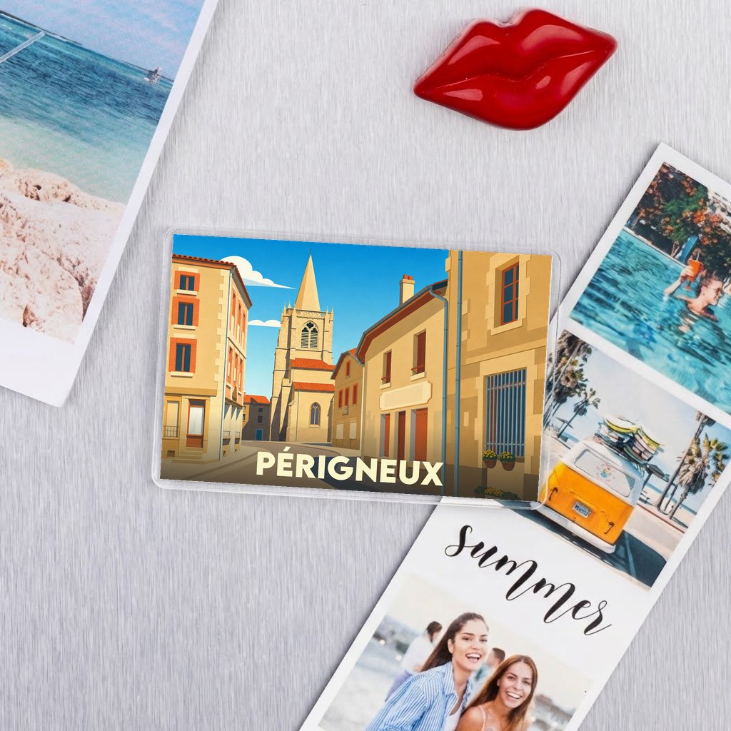 Magnet souvenir de la ville de Périgneux avec une illustration stylisée.