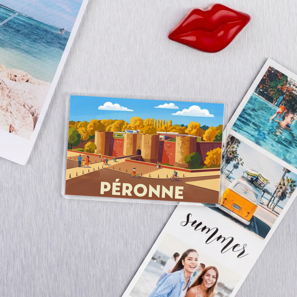 Magnet souvenir de la ville de Péronne avec une illustration stylisée.