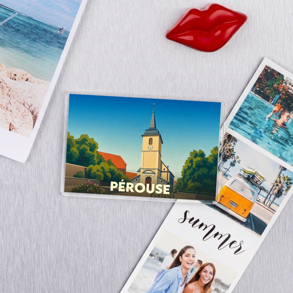 Magnet souvenir de la ville de Pérouse avec une illustration stylisée de son église.