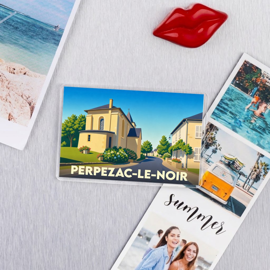 Magnet souvenir de la ville de Perpezac-le-Noir avec une illustration stylisée.