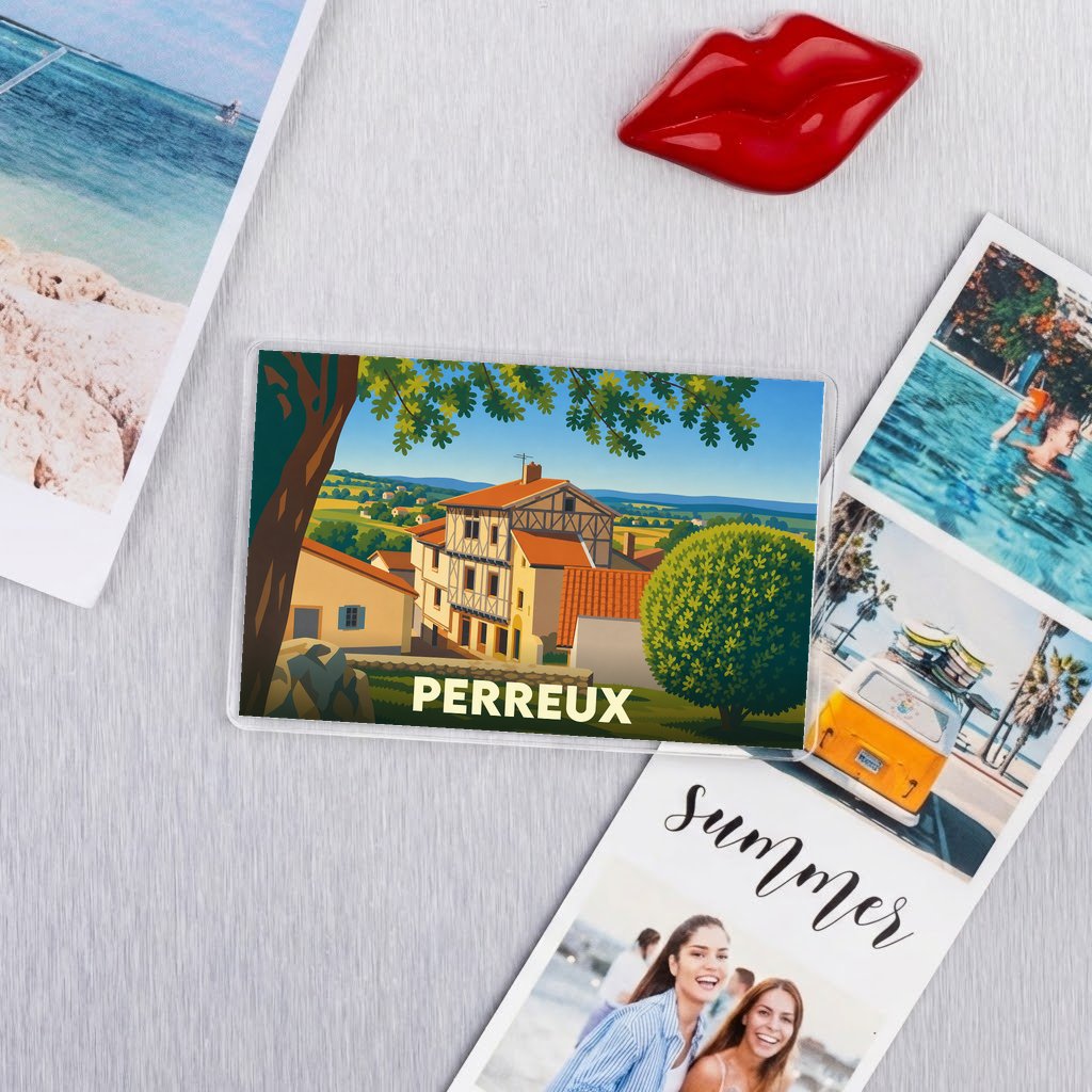 Magnet souvenir de la ville de Perreux avec une illustration stylisée.