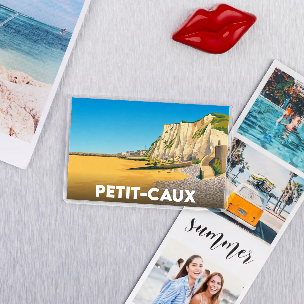 Magnet souvenir de la ville de Petit-Caux avec une illustration stylisée de ses falaises.