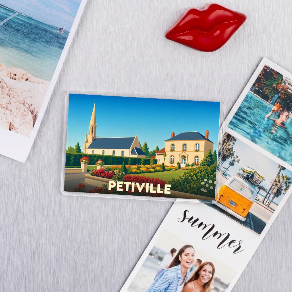 Magnet souvenir de la ville de Petiville avec une illustration stylisée.