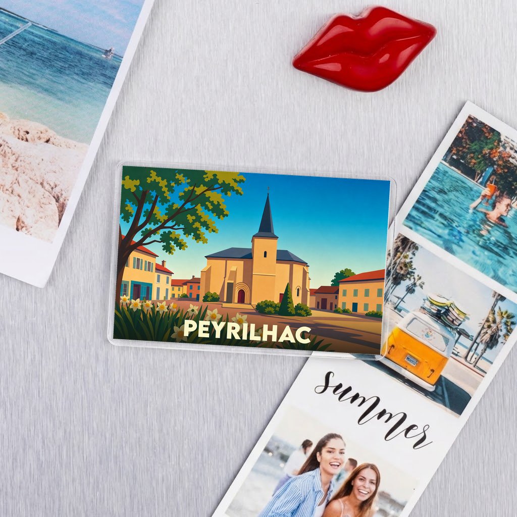 Magnet souvenir de la ville de Peyrilhac avec une illustration stylisée de son église.