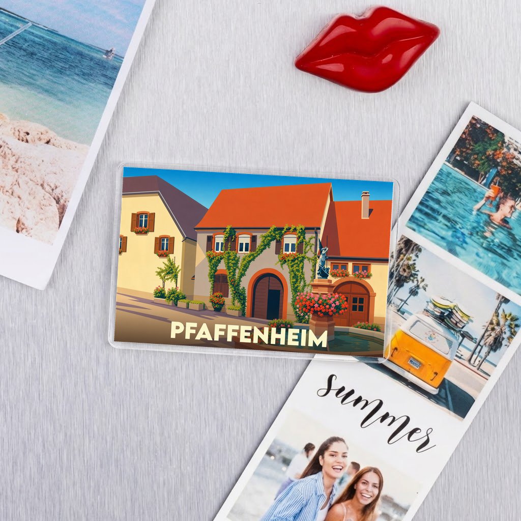 Magnet souvenir de la ville de Pfaffenheim avec une illustration stylisée de maisons à colombages.