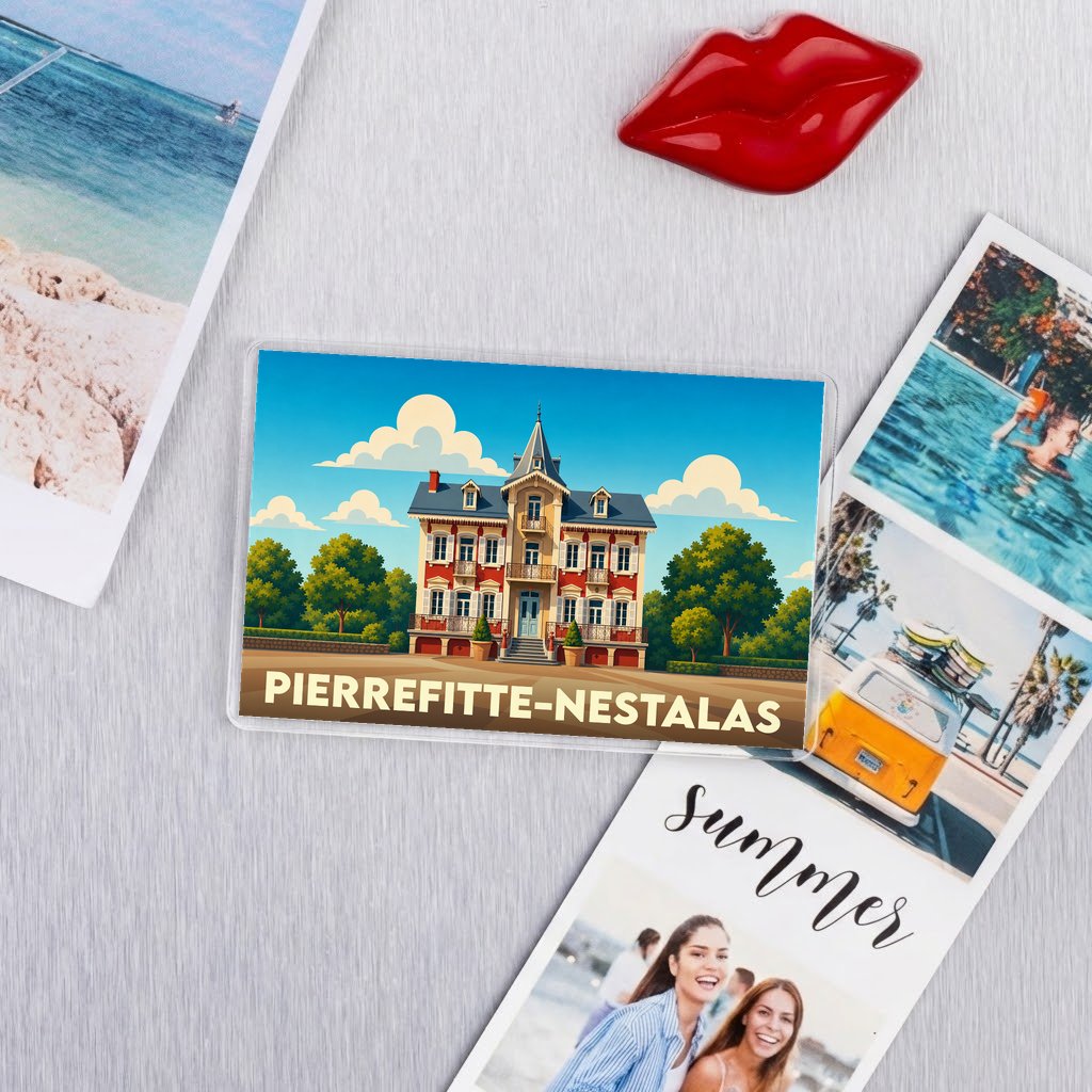 Magnet souvenir de la ville de Pierrefitte-Nestalas avec une illustration stylisée d'une grande demeure ancienne.