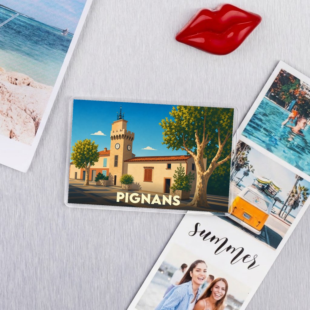 Magnet souvenir de la ville de Pignans avec une illustration stylisée.