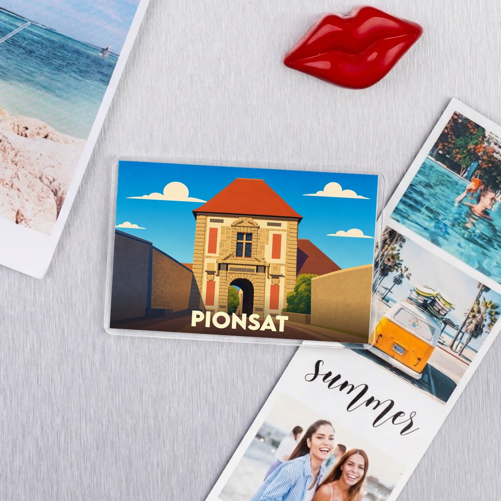 Magnet souvenir de la ville de Pionsat avec une illustration stylisée de son château.