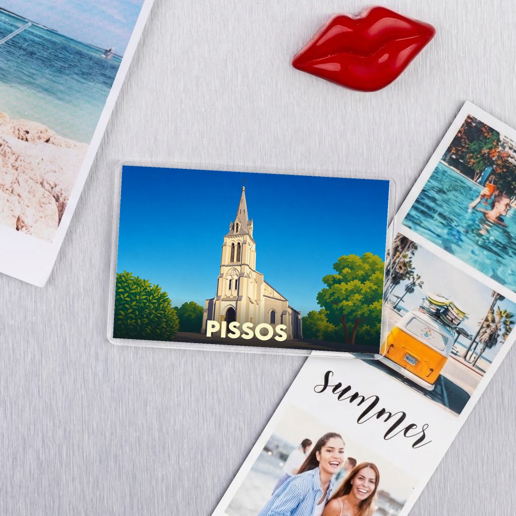 Magnet souvenir de la ville de Pissos avec une illustration stylisée d'une église.