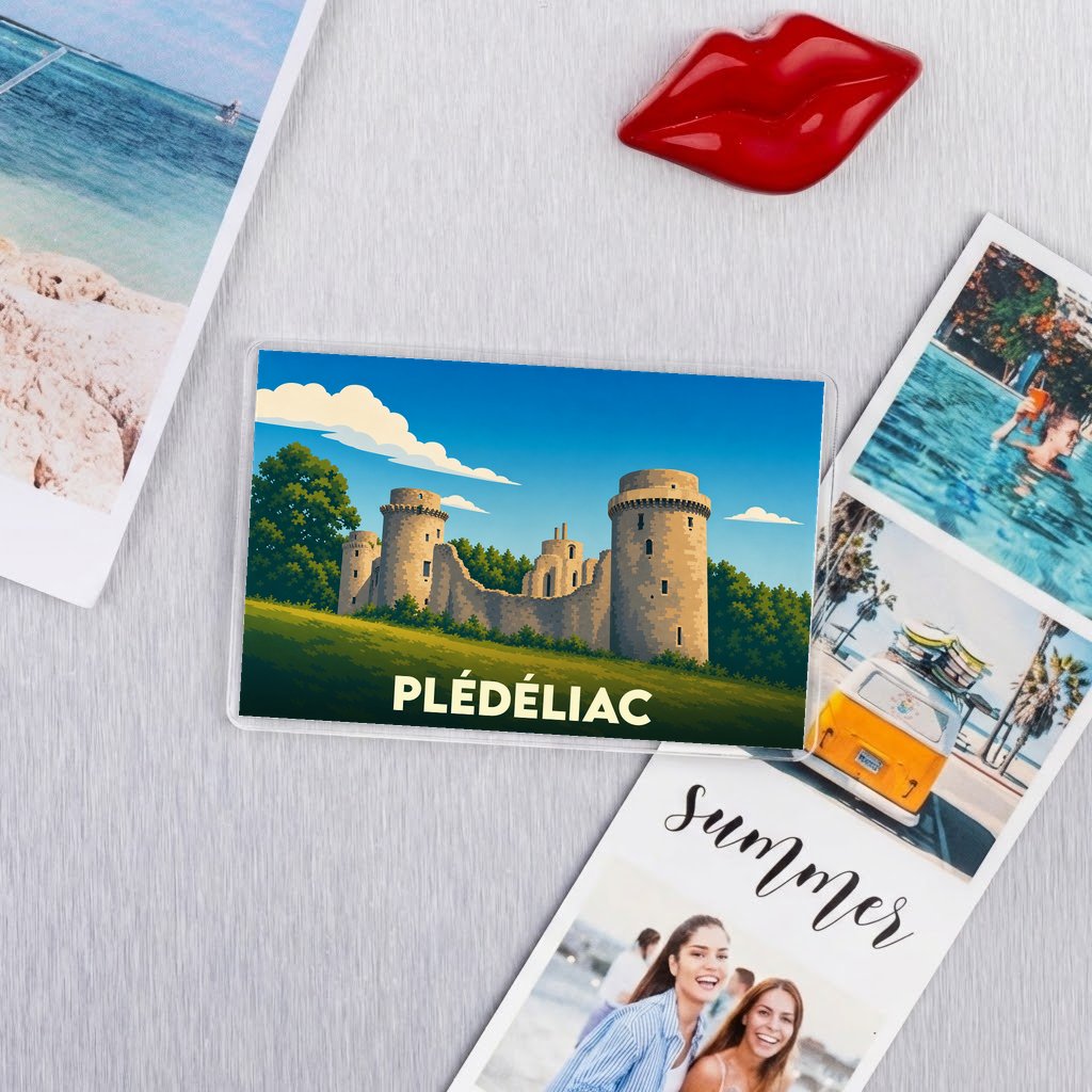 Magnet souvenir de la ville de Plédéliac avec une illustration stylisée de son château.