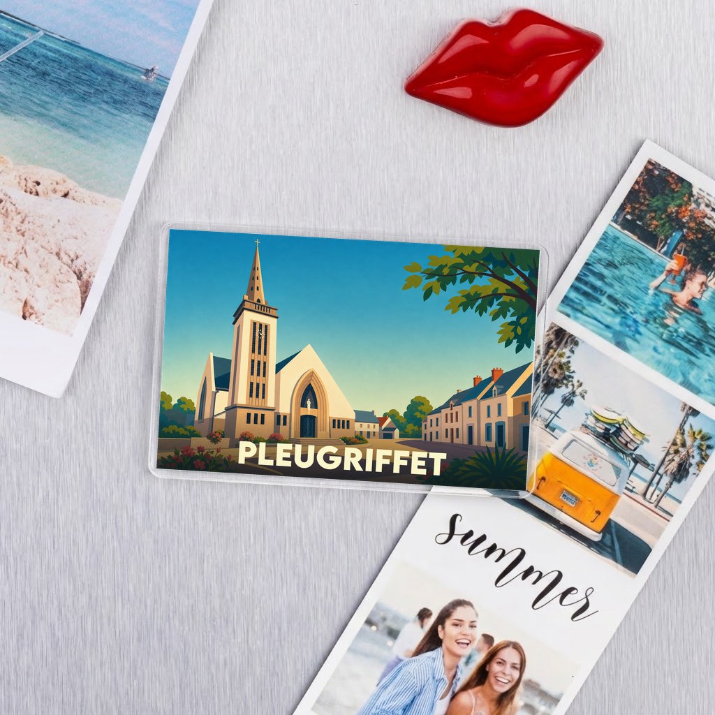 Magnet souvenir de la ville de Pleugriffet avec une illustration stylisée de son église.