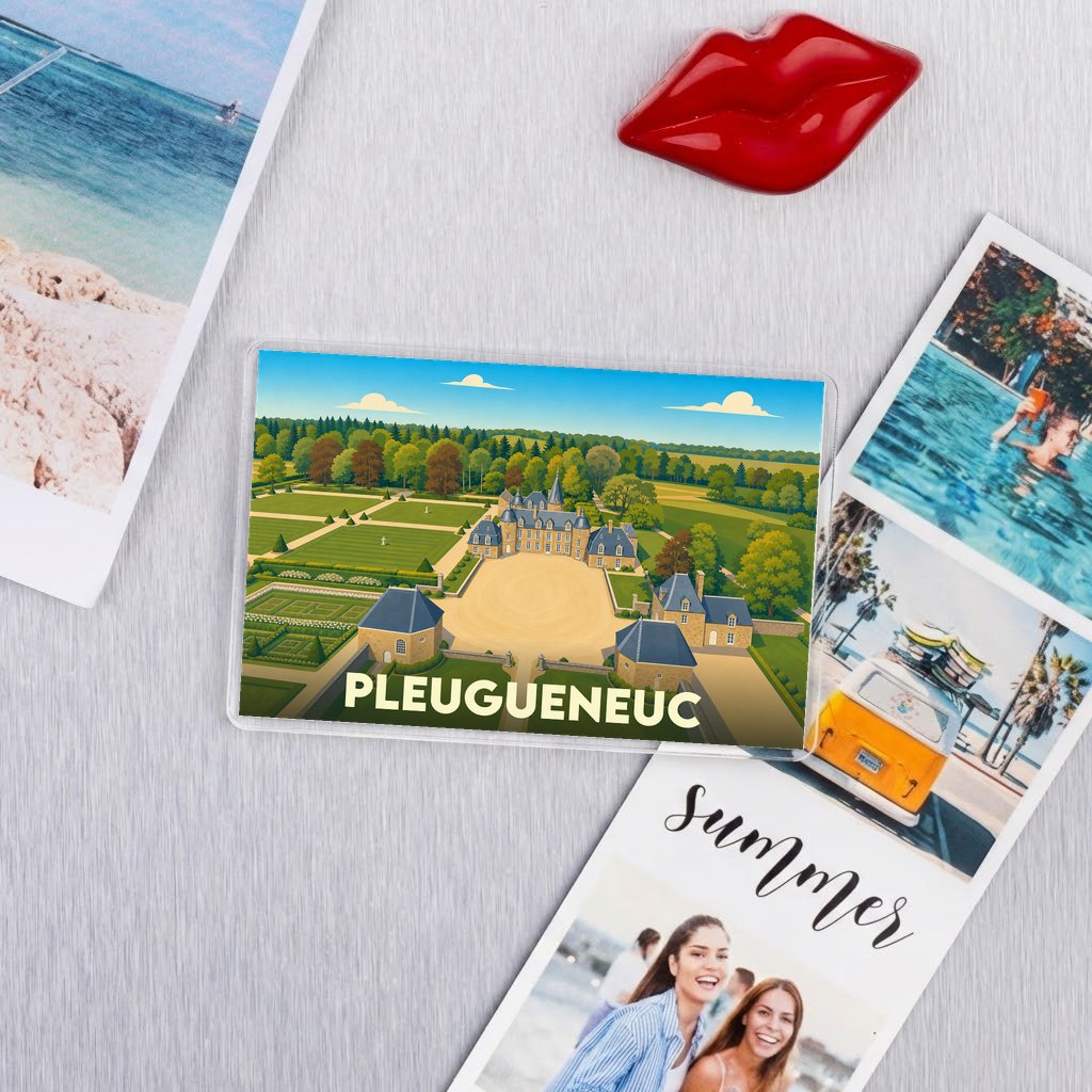 Magnet souvenir de la ville de Pleugueneuc avec une illustration stylisée de son château.