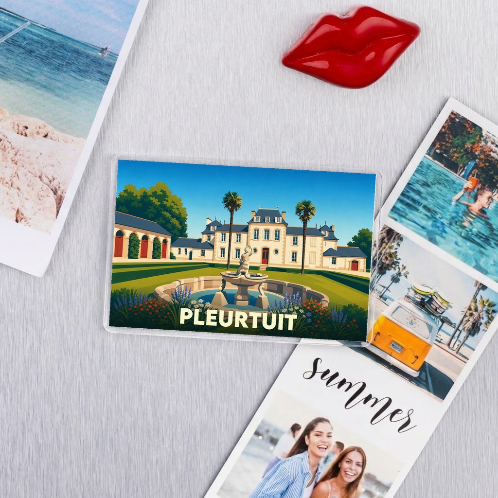 Magnet souvenir de la ville de Pleurtuit avec une illustration stylisée d'un château et d'une fontaine.