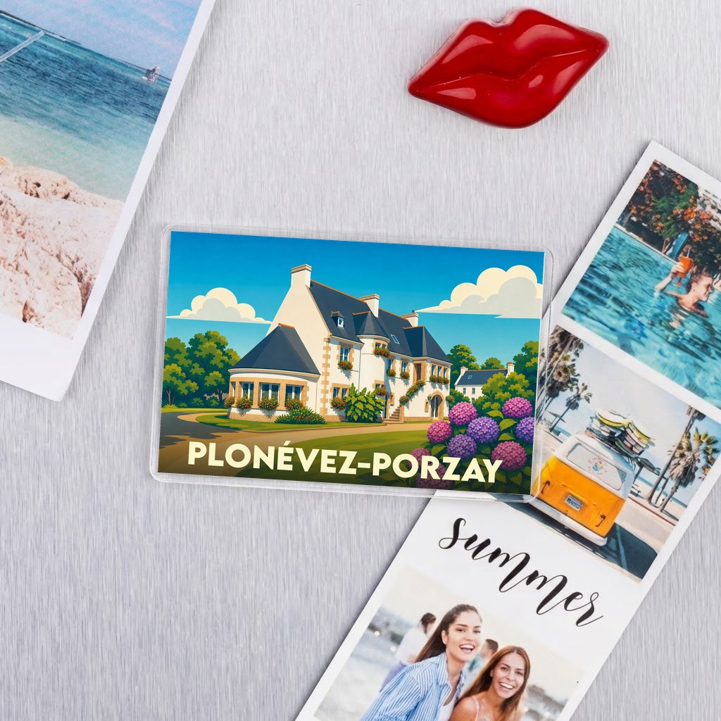 Magnet souvenir de la ville de Plonévez-Porzay avec une illustration stylisée d'une maison traditionnelle.
