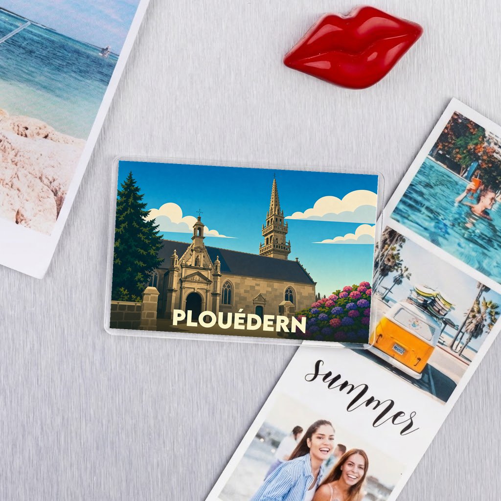 Magnet souvenir de la ville de Plouédern avec une illustration stylisée de son église.