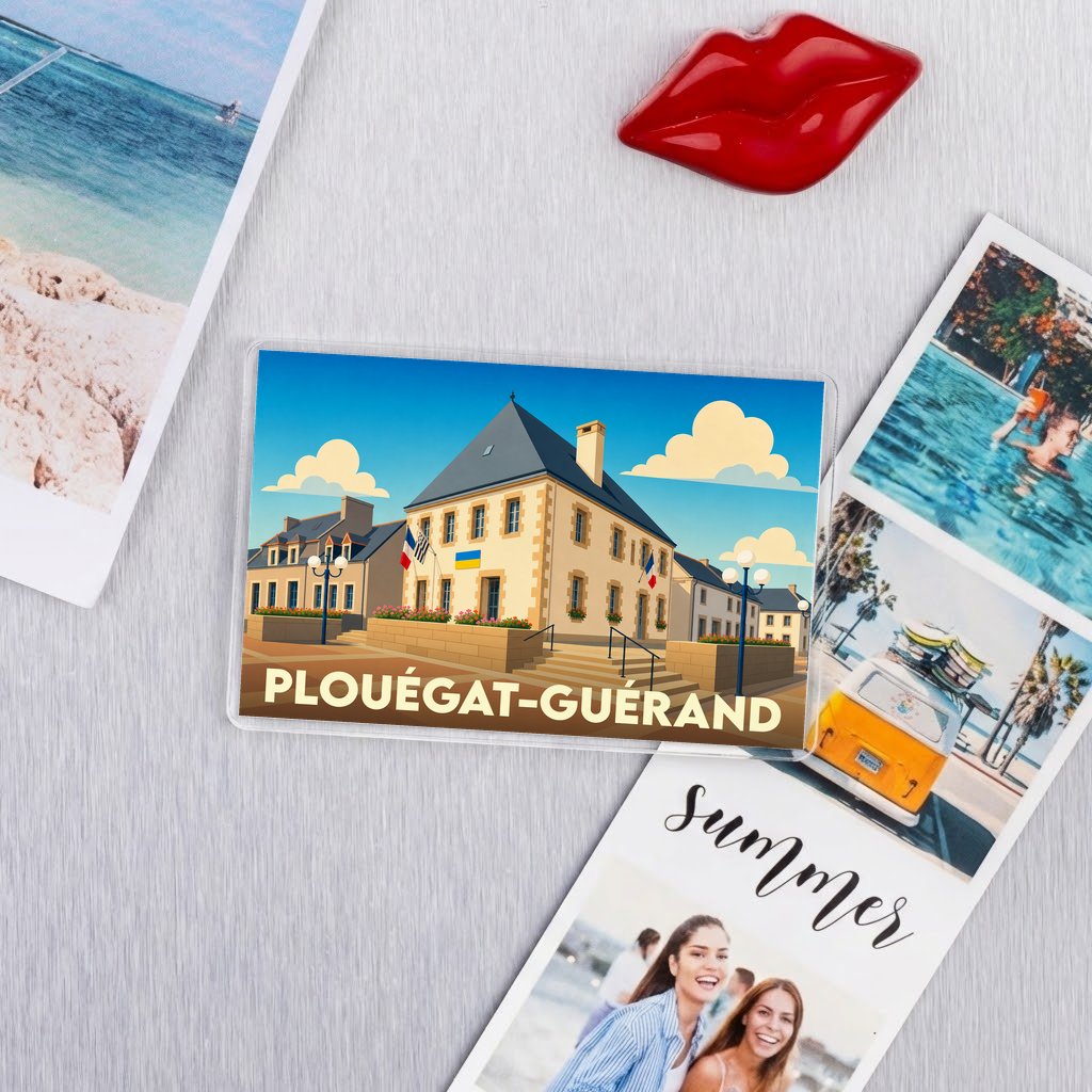 Magnet souvenir de la ville de Plouégat-Guérand avec une illustration stylisée de sa mairie.