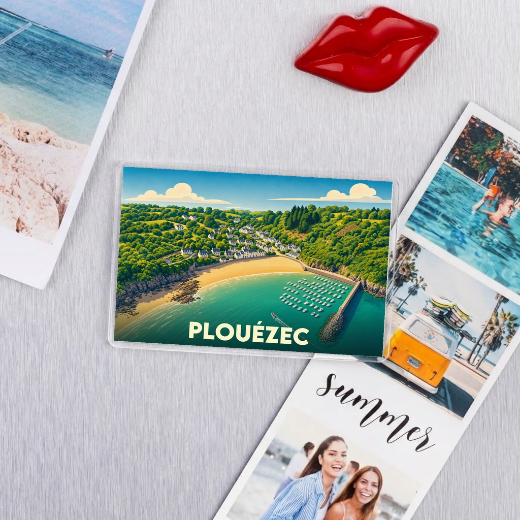 Magnet souvenir de la ville de Plouézec avec une illustration stylisée d'une plage et d'un port.