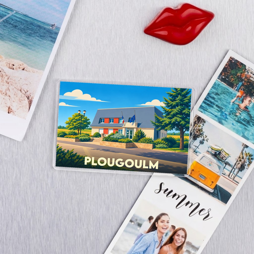 Magnet souvenir de la ville de Plougoulm avec une illustration colorée de la mairie.